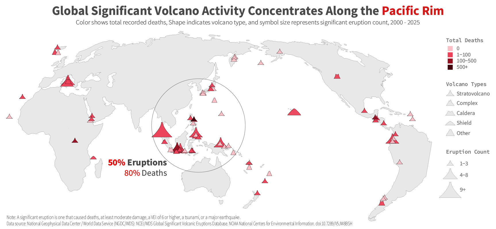 Global map of volcano distribution with stratovolcanoes highlighted.